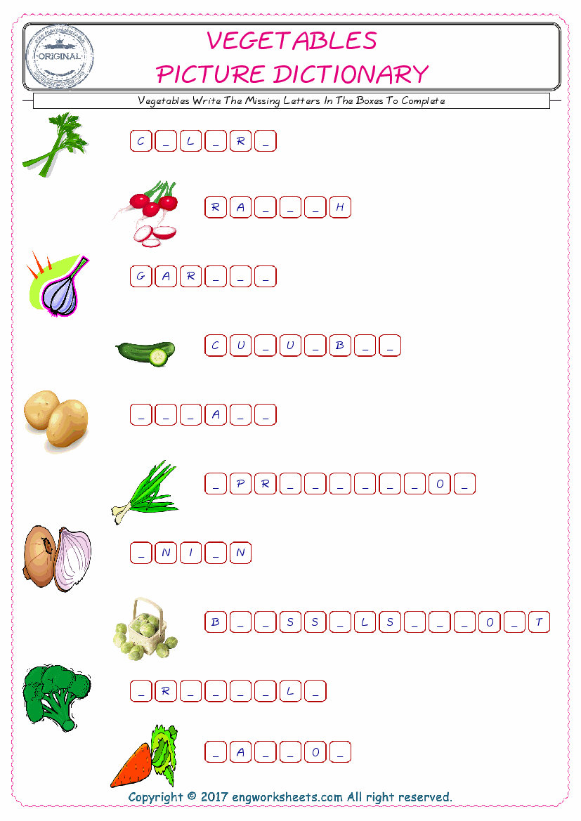  Type in the blank and learn the missing letters in the Vegetables words given for kids English worksheet. 